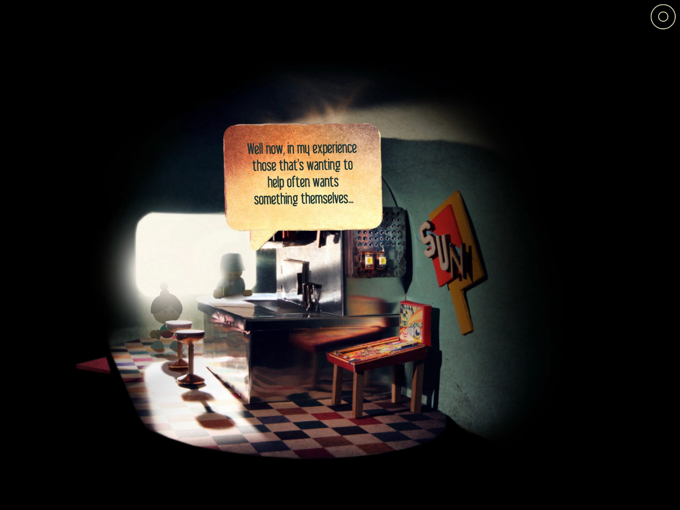 Screenshot from the game Lumino City, in a dark bar. The postman says "Well now, in my experience those that's wanting to help often wants something themselves..."