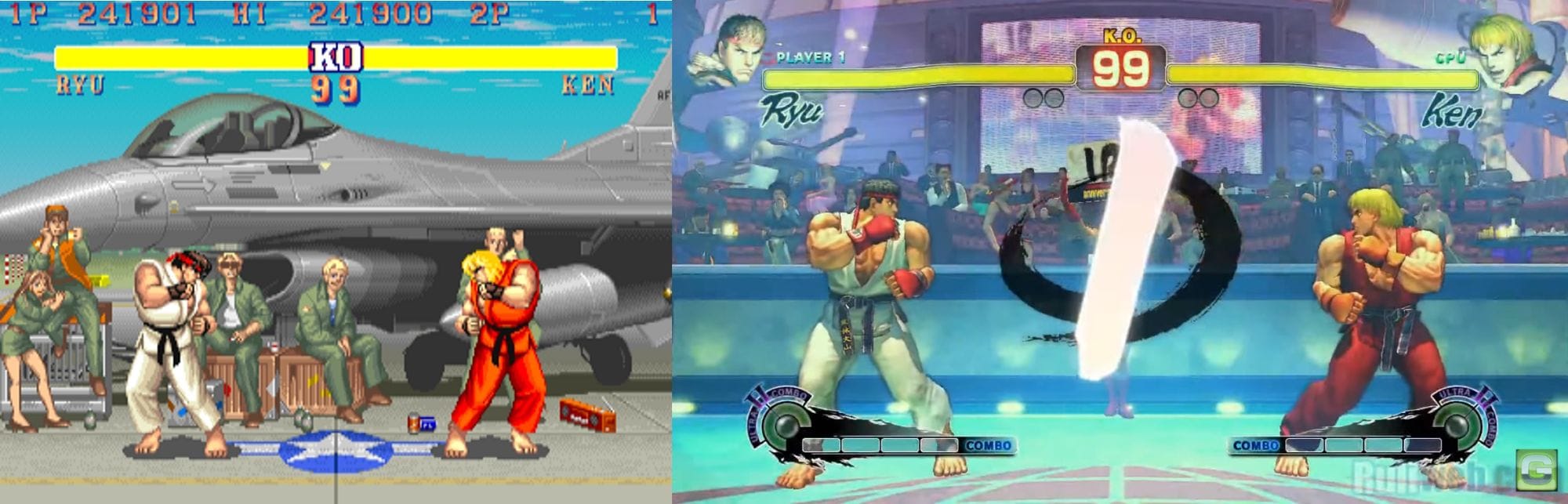 Split-screen comparison between two versions of the video game "Street Fighter II", one showing a classic version and the other showing a modern one. (Captioned by AI)|690x221